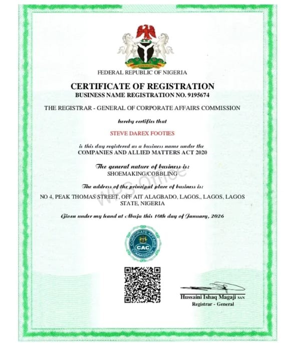 CAC Certificate — Steve Darex Footies BN 9195674